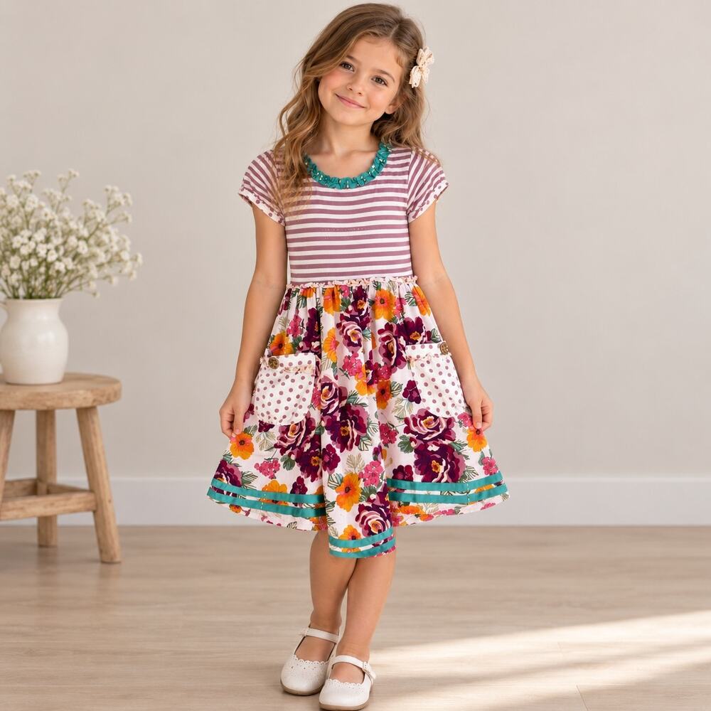 Matilda Jane Pink Red Stripe Floral Mixed Media Dress 8